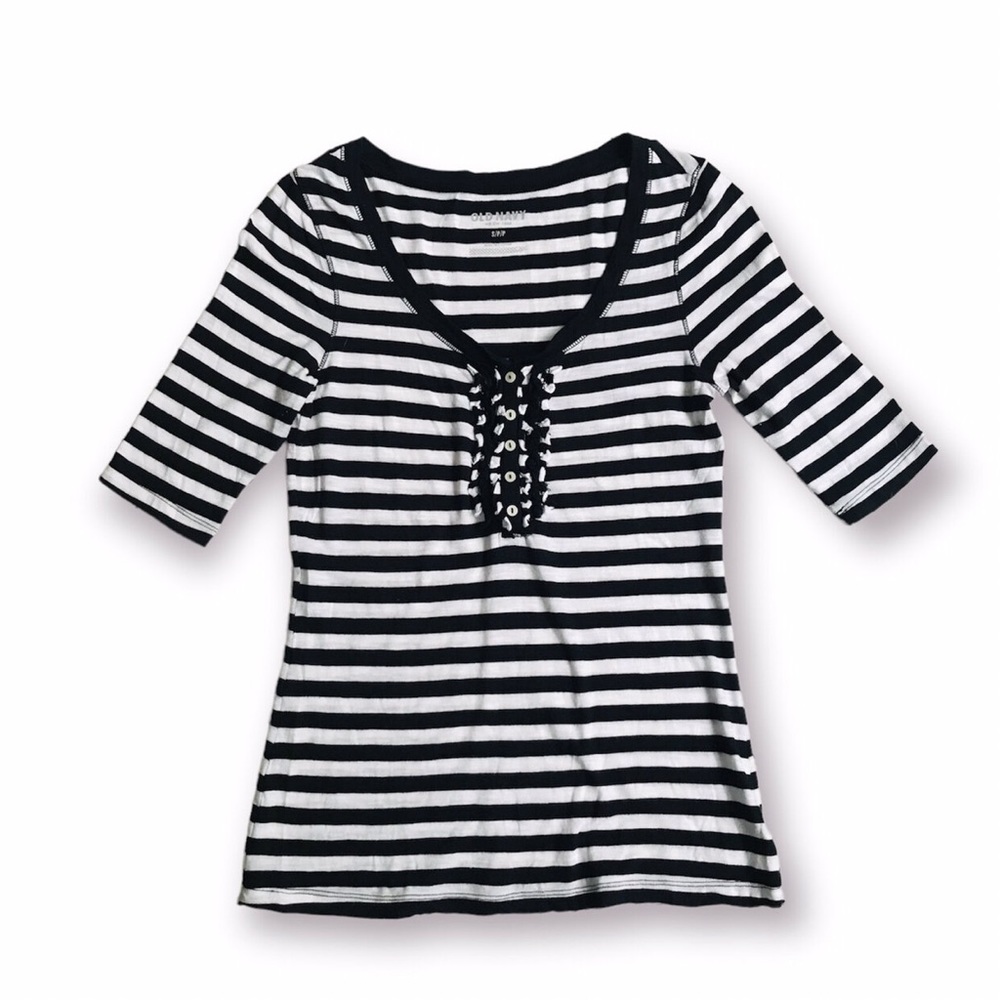 OLD NAVY Ruffle Chest Short Sleeve Top Cotton Modal Tee Striped T-shirt